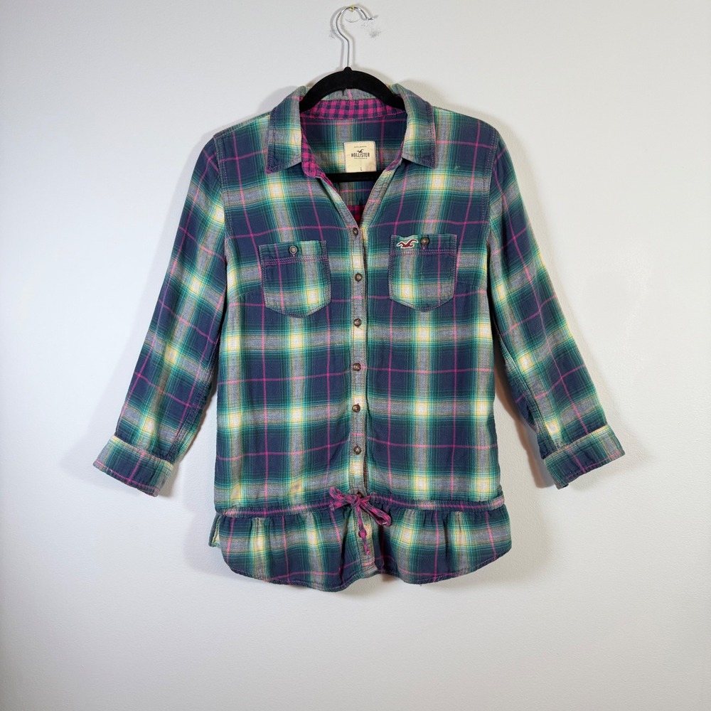 Vintage Hollister 100% Cotton Plaid Shirt Ruffle Y2K 2000 Preppy Flannel Top M/L